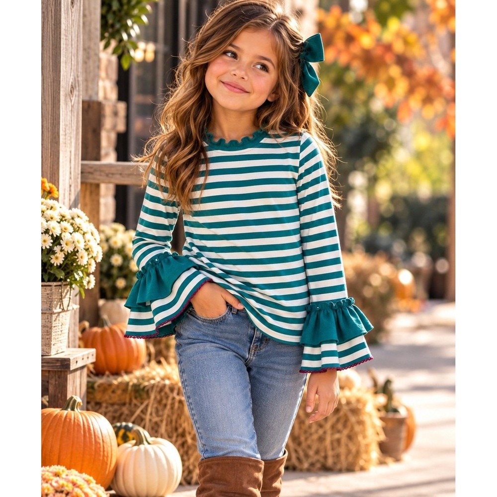 Matilda Jane Girls Size 8 Teal White Striped Ruffle Bell Sleeve Top
